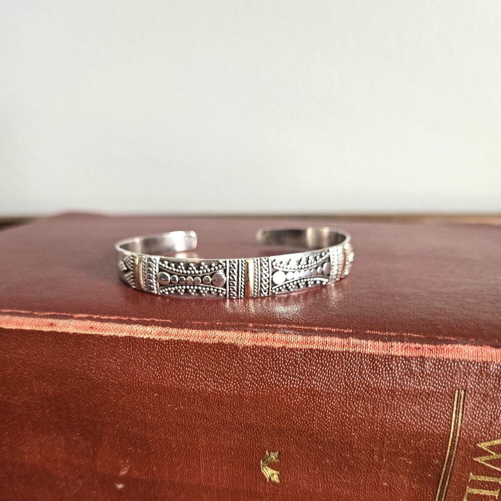 Bali Sterling Silver & 10k Gold Cuff Bracelet Stunning 925 Tribal Silver Bangle